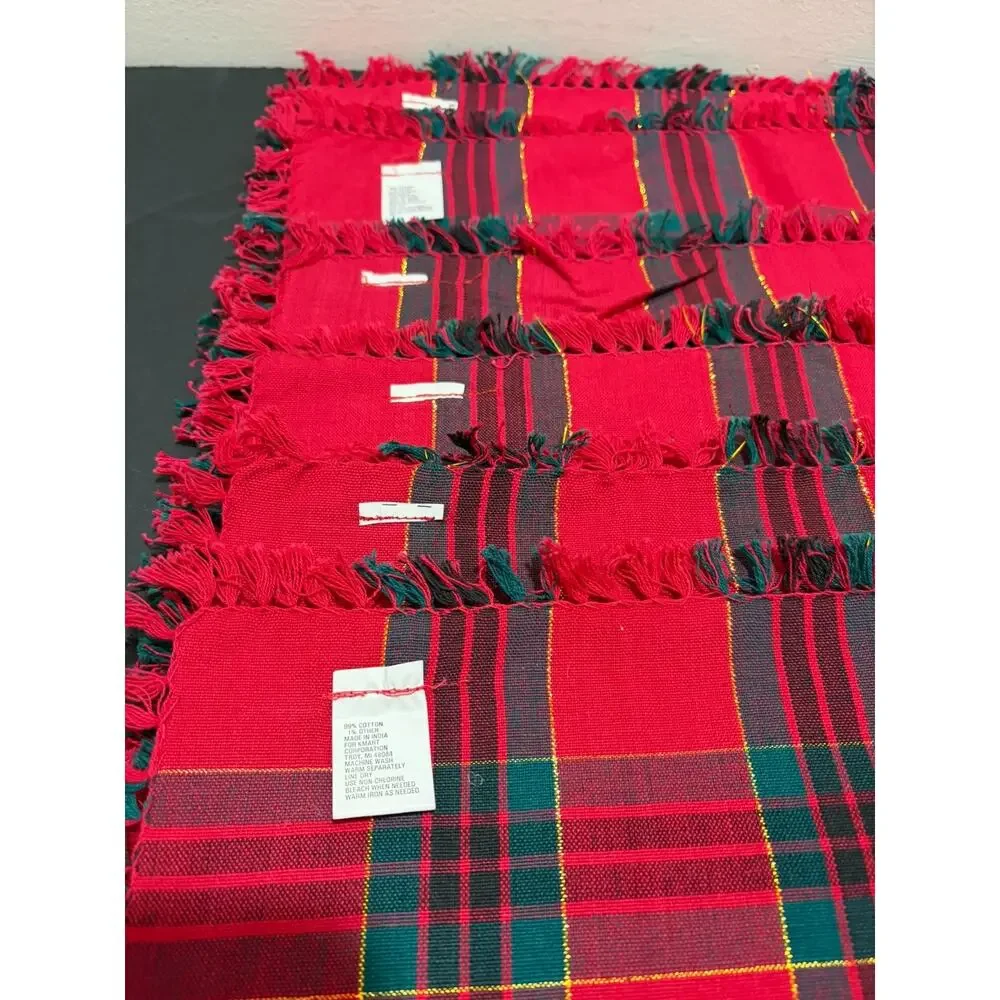 Vintage Kmart Red Tartan Plaid Placemats Set of 6 Square Woven Fringe Table